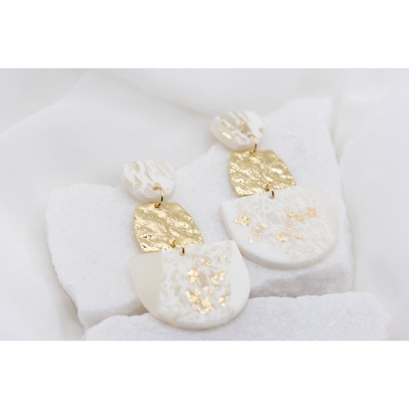 White + Gold Clay Earrings, Lightweight Earrings, Handmade Polymer Clay Earrings - Picture 4 of 5